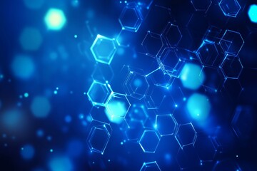 Fototapeta premium Geometric abstract backdrop featuring blue hexagonal patterns with molecular structures for science, tech, and medical concepts