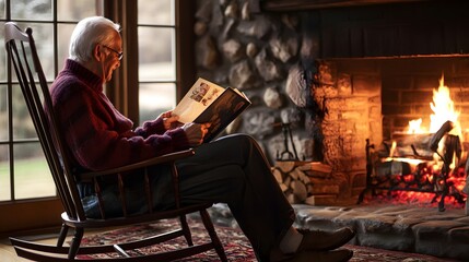 A senior man enjoys a quiet moment by the fireplace, reading a magazine in a cozy, rustic living room setting. 