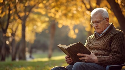 Fototapeta premium An elderly man in a cozy sweater reads a book in a serene autumn park, surrounded by vibrant orange and yellow foliage. 