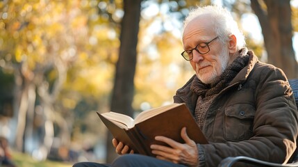 A serene elderly man reads a book while sitting in a sunlit park surrounded by autumn foliage, enjoying a peaceful moment of solitude. 