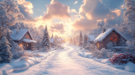 house in winter, A simple cartoon scene featuring a path through a snow-covered village, with charming houses, snow-covered rooftops