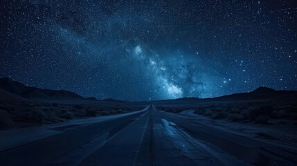 a scene with an isolated road under a starry night sky, surrounded by dark, uninhabited land