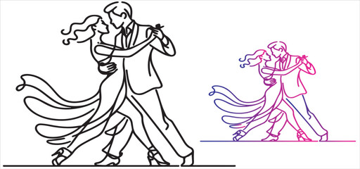 Continuous line drawing of dancing couple. Art sketched beautiful young bride and groom in dance vector