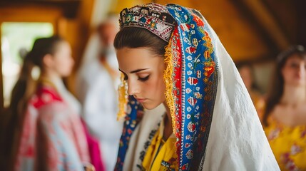 Fototapeta premium A young woman in traditional attire showcases cultural heritage with intricate embroidery and adornments in a warm, rustic setting