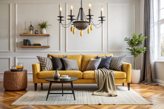 Scandinavian sofa with pillows and dark yellow blanket in bright living room interior with black chandelier