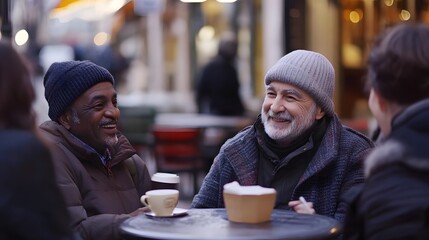 A warm and inviting scene of two senior men enjoying coffee and conversation outdoors at a cozy cafe, surrounded by a friendly atmosphere. 