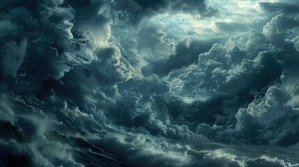 a scene with dark clouds and gusts of wind creating a sense of turbulence and unrest, with occasional breaks showing glimpses of clear