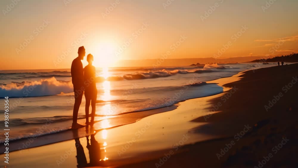 Canvas Prints A silhouette of a couple embracing on a sandy beach at sunset A couple embracing on a sandy beach at sunset