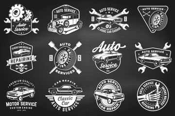 Set of auto service logo, emblems, badges on the chalkboard. Vector. Service car repair, restoration and car club design elements.