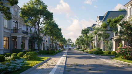 a tranquil residential scene with a combination of sleek apartment buildings and cozy single-family homes