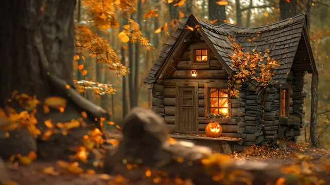A small cabin with lit windows sits in a forest with fallen leaves and glowing jack-o-lanterns on the porch A cozy cabin in the woods surrounded by falling leaves and pumpkins