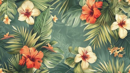 a tropical pattern with a retro vibe, featuring vintage-style tropical flowers and palm fronds