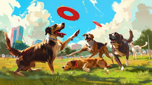 a vibrant scene of multiple dogs playing fetch with frisbees at a dog park, with excitement and energy radiating from their interactions.