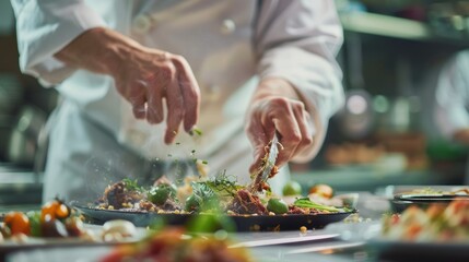 Chef Finishing a Dish with Herbs and Steam