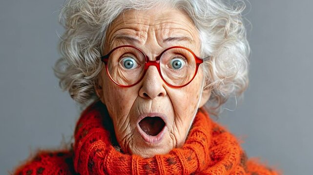 senior woman gasping in horror during a studio portrait