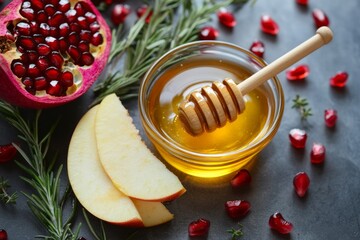Fototapeta premium Bowl with honey and a honey stick, next to it are pomegranate seeds, apple pieces and rosemary sprigs on a dark table. Concept traditional, Israel food, Rosh Hashanah