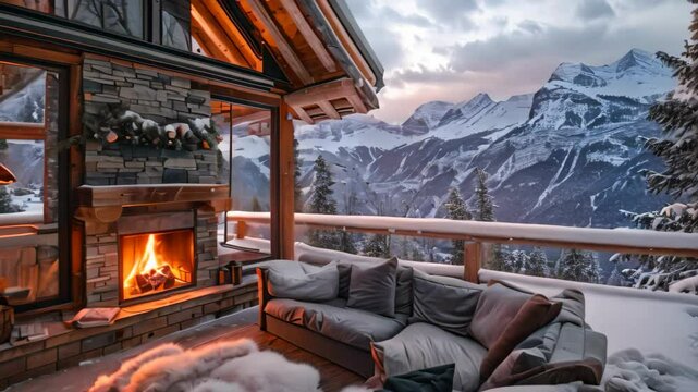 A cozy cabin nestled in the snowy mountains, complete with a roaring fireplace and comfortable seating A cozy cabin nestled in the snowy mountains with a crackling fireplace inside