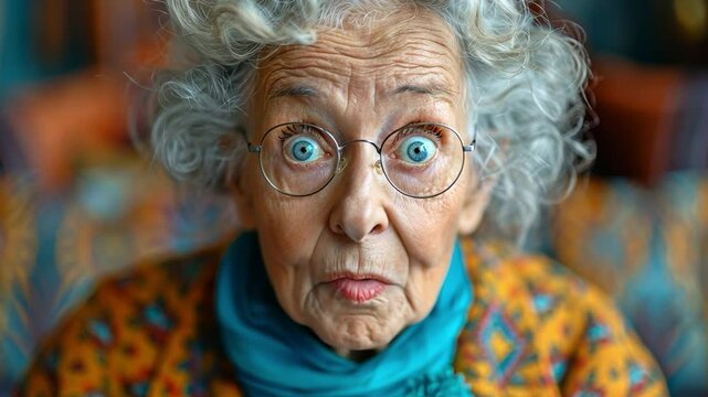 senior woman gasping in horror during a studio portrait