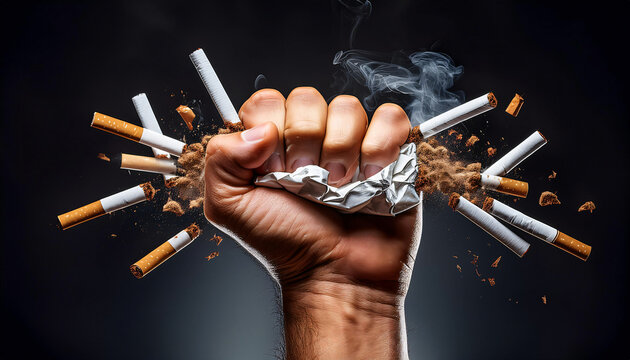 A crumpled pack of cigarettes being crushed by a clenched fist, symbolizing the power and determination to quit smoking.