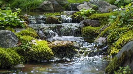 Obraz premium Zen-like nature with a quiet, flowing stream, surrounded by mossy rocks and bright green trees.