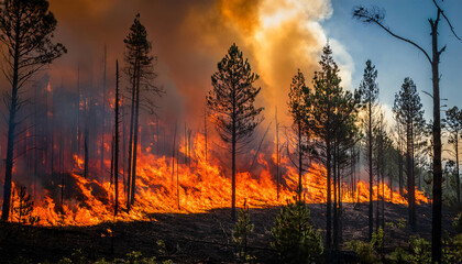 A forest fire scene showing trees engulfed in flames, emphasizing the destructive power of wildfires.