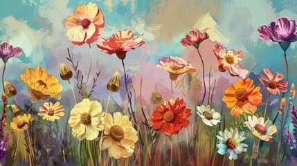 Design an artistic scene featuring wild flowers with bold, saturated colors and intricate petal details, set against a backdrop of a tranquil meadow.