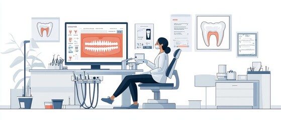 A dentist using AI-driven software to analyze oral health data during a routine examination, demonstrating the role of technology in preventive care