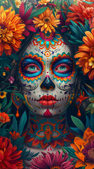 Woman wearing traditional calavera makeup, surrounded by colorful flowers, celebrating day of the dead
