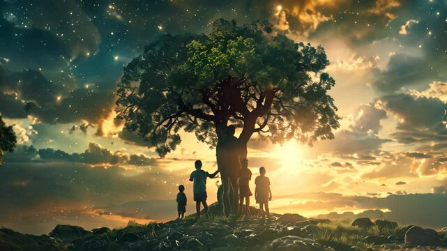 Five children stand near a large tree at sunset with a starry sky, A creative visualization of the concept of chosen family