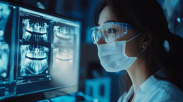 A dentist using AI-driven diagnostics to perform a comprehensive oral care examination, highlighting the role of advanced technology in detecting dental issues early