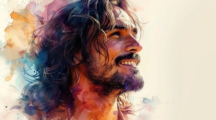a watercolor painting a portrait of a happy Jesus is glowing Close-up Copy space