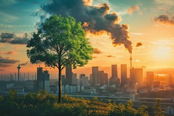 Tree overlooking polluted city skyline at sunset