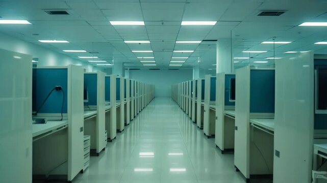 Rows of identical workstations in an empty office cubicle farm, A cubicle farm with rows of identical workstations
