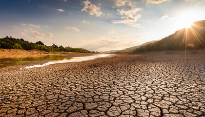 A parched riverbed, once flowing, now dry and cracked, highlighting the effects of prolonged droughts exacerbated by global warming.