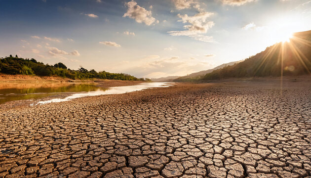 A parched riverbed, once flowing, now dry and cracked, highlighting the effects of prolonged droughts exacerbated by global warming.