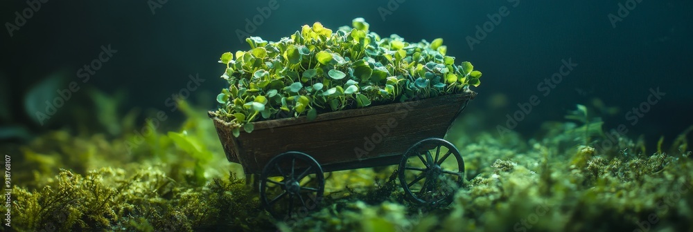 Sticker A miniature wooden cart overflowing with vibrant green vegetation, nestled amidst a bed of mossy greenery. The cart symbolizes growth, abundance, and the beauty of nature's small wonders, evoking a se