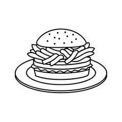 Line art vector of a classic American hamburger with fries on a stylish plate at a restaurant.
