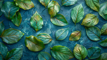 Green leaves forming a pattern on blue background