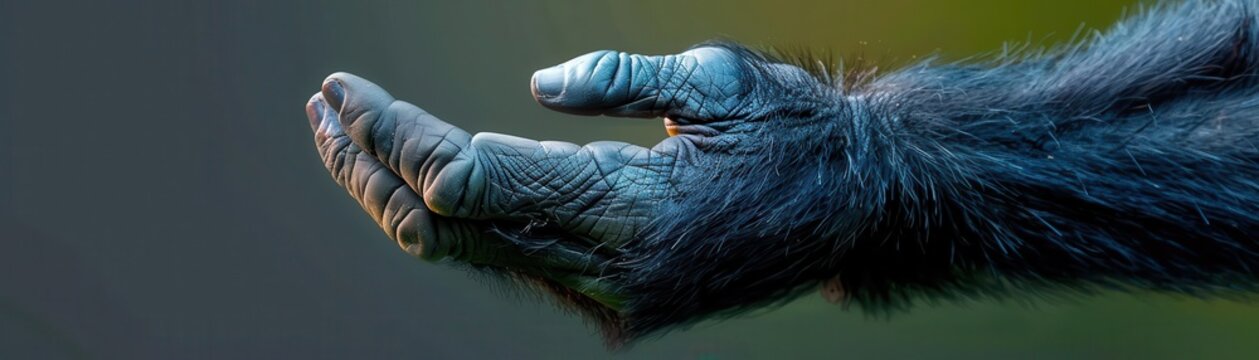 Close-up of a wrinkled gorilla hand, showcasing its unique texture.