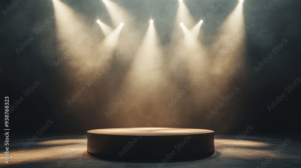 Poster A minimalist stage with a circular podium illuminated by spotlights. The smoke adds an atmospheric touch, creating an elegant and dramatic backdrop for showcasing products or awards.