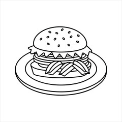 Line art vector of a classic American hamburger with fries on a stylish plate at a restaurant.