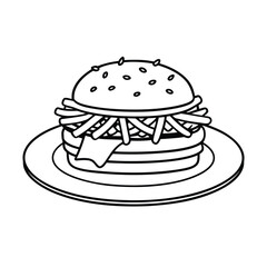 Line art vector of a classic American hamburger with fries on a stylish plate at a restaurant.
