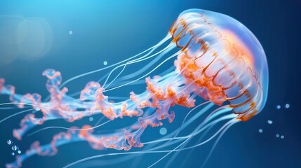 Obraz premium A close-up of a jellyfish swimming in the blue ocean.