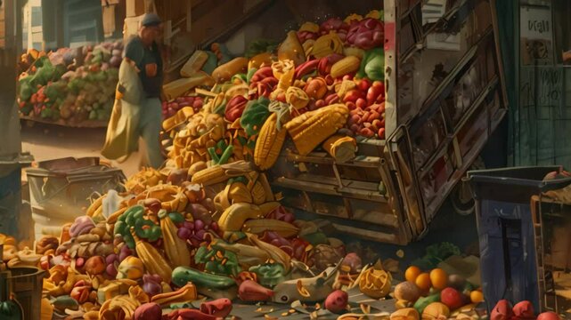 A digital video depicting a large amount of wasted food spilled from a dumpster onto the pavement, A digital artwork showcasing a pile of wasted food being swept into a dumpster