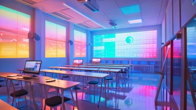 A modern classroom with colorful screens and desks arranged in rows, illuminated by vibrant light, A digital classroom filled with colorful screens and interactive tools