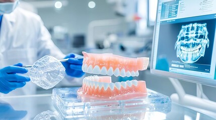 A dental technician using 3D printing technology to create dentures in a modern lab, highlighting the role of high medical technology in oral care