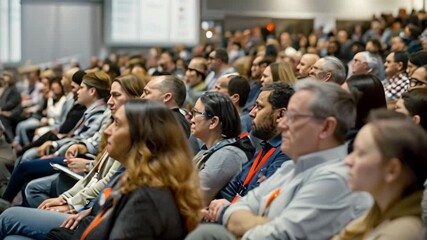 Diverse Audience Attendees Listening to a Speaker at a Large Conference, A diverse audience gathered in a large conference hall, listening attentively to a speaker