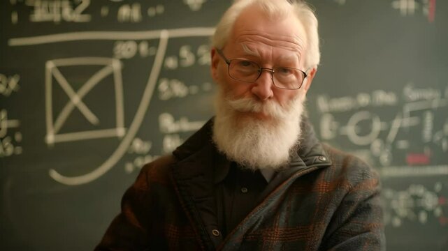 Distinguished Older Gentleman With White Beard Standing in Front of Chalkboard With Mathematical Equations, A distinguished older gentleman with a white beard and glasses, standing in front of a chalk