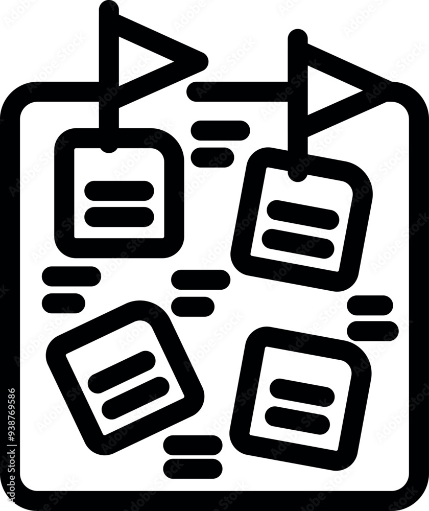 Poster agile methodology represented by a kanban board with tasks, flags indicating deadlines and lines sho