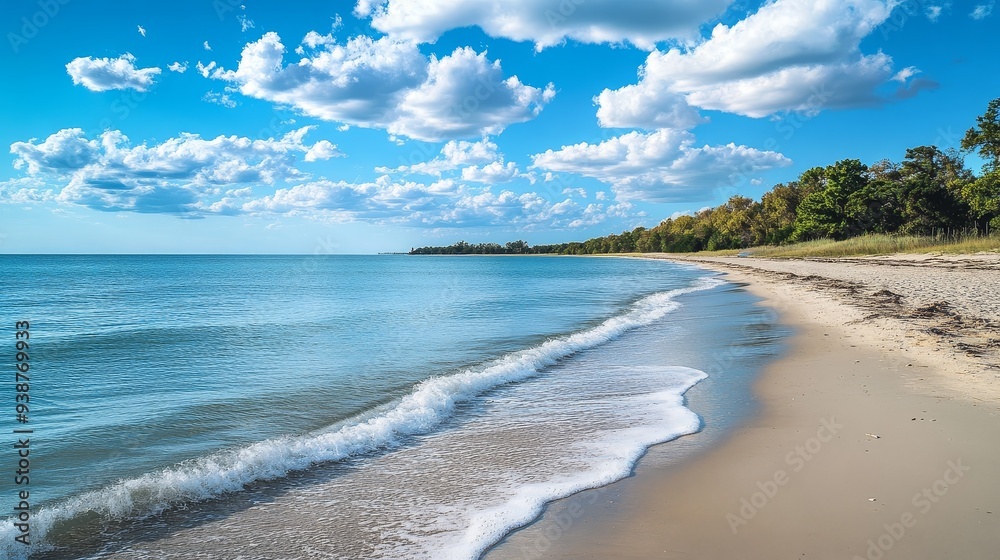 Wall mural A serene sandy beach stretches along the turquoise ocean, framed by lush green trees under a bright blue sky with fluffy white clouds. The gentle waves roll onto the shore, creating a sense of peace a